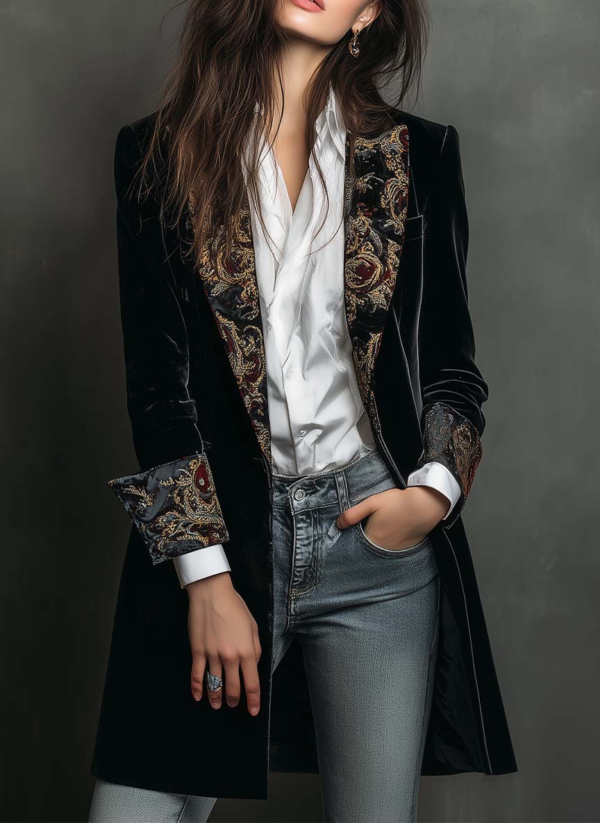 LÉONTINE | BLAZER NERO DALLA VESTIBILITÀ ADERENTE CON STAMPA BAROCCA