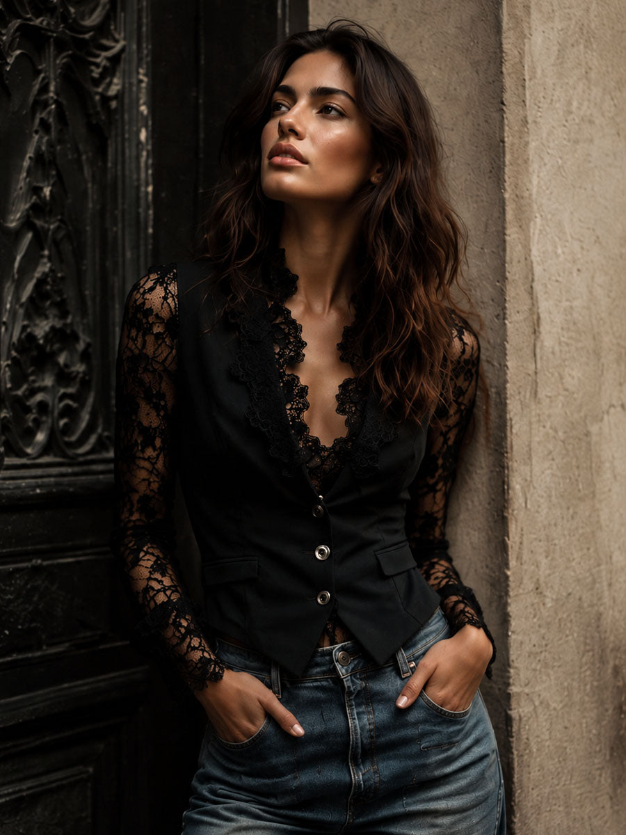 NOÉMIE | TOP BLAZER NERO CON MANICHE SEMITRASPARENTI