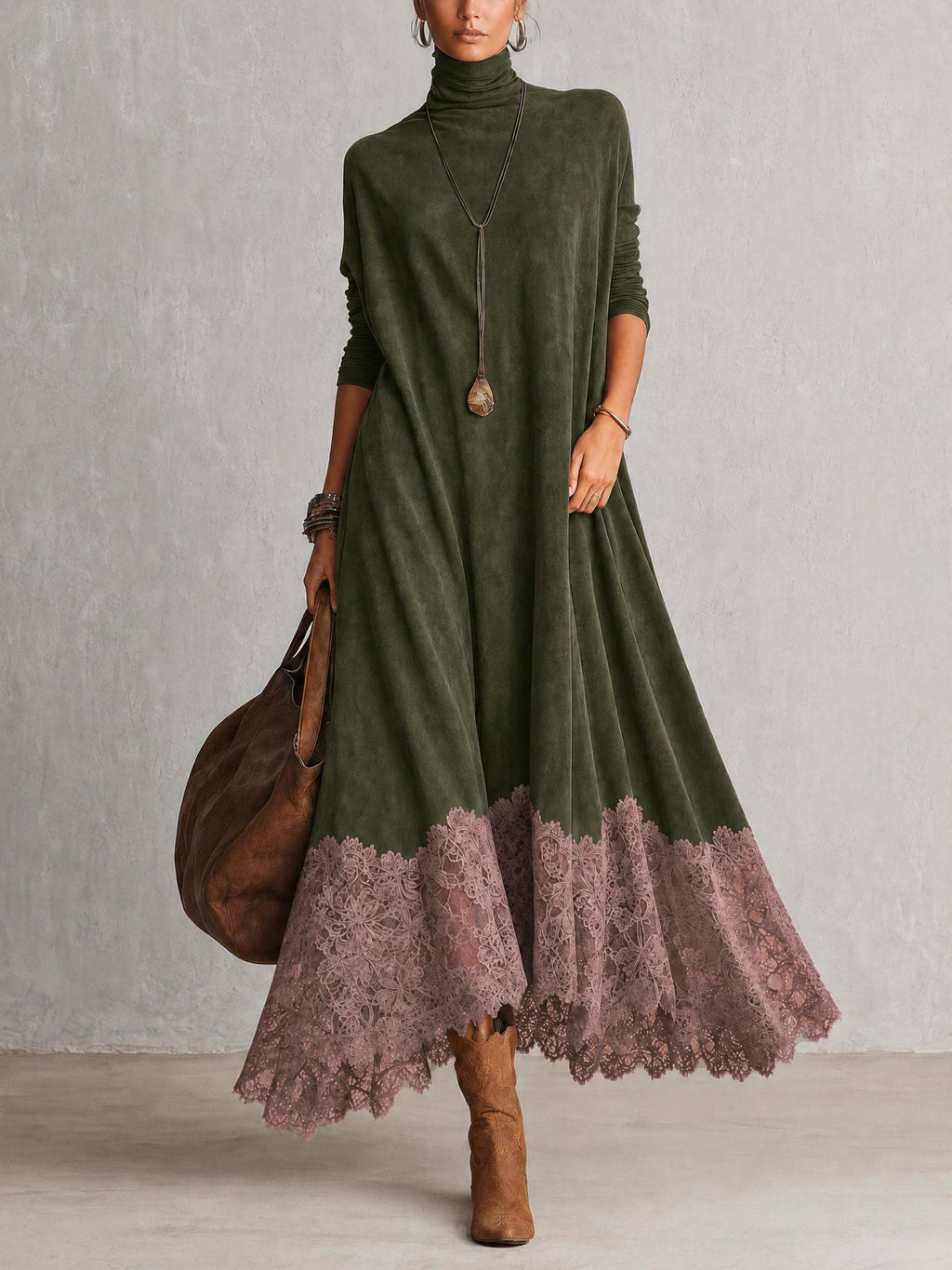 ABITO LUNGO MARRONE EFFETTO CAMOSCIO CON MANICHE LUNGHE E BORDO IN PIZZO VINTAGE