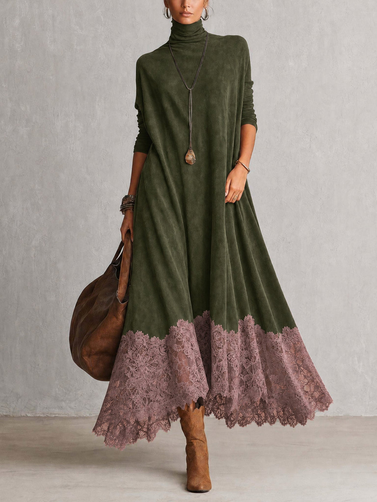 ABITO LUNGO MARRONE EFFETTO CAMOSCIO CON MANICHE LUNGHE E BORDO IN PIZZO VINTAGE