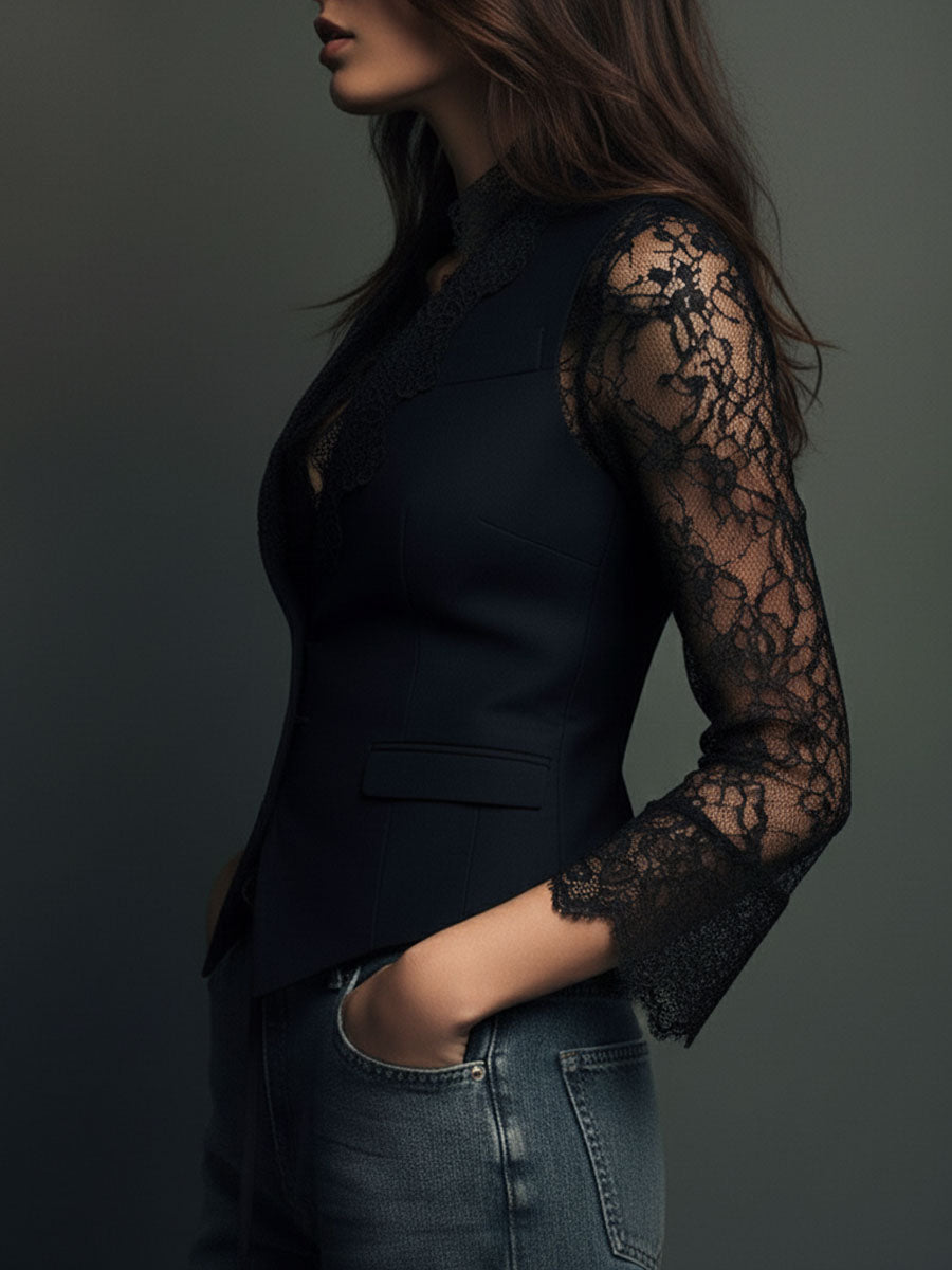 NOÉMIE | TOP BLAZER NERO CON MANICHE SEMITRASPARENTI