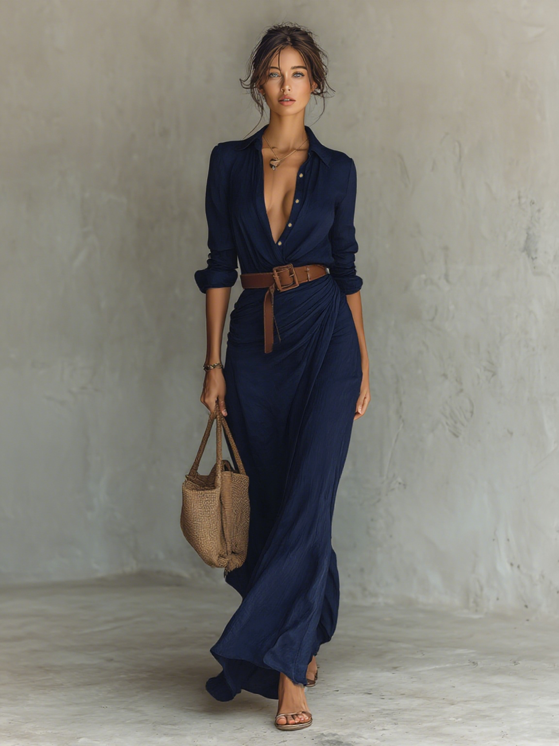 Abito lungo maxi con collo a revers e maniche lunghe per donne
