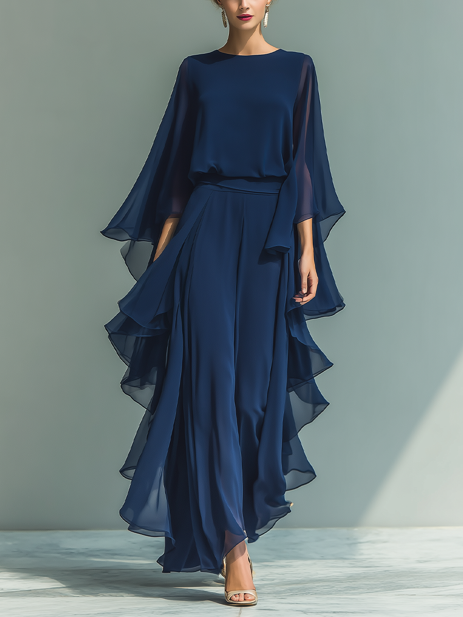 Set Top in Chiffon Blu Navy con Maniche Svasate e Pantaloni a Gamba Dritta con Dettagli Ruchés