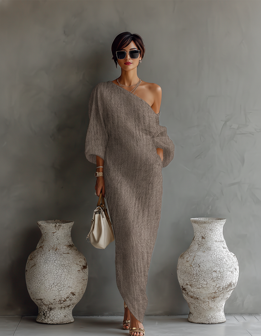 Abito Elegante Fluente in Cotone-Lino Bianco Avorio con Spalla Scoperta