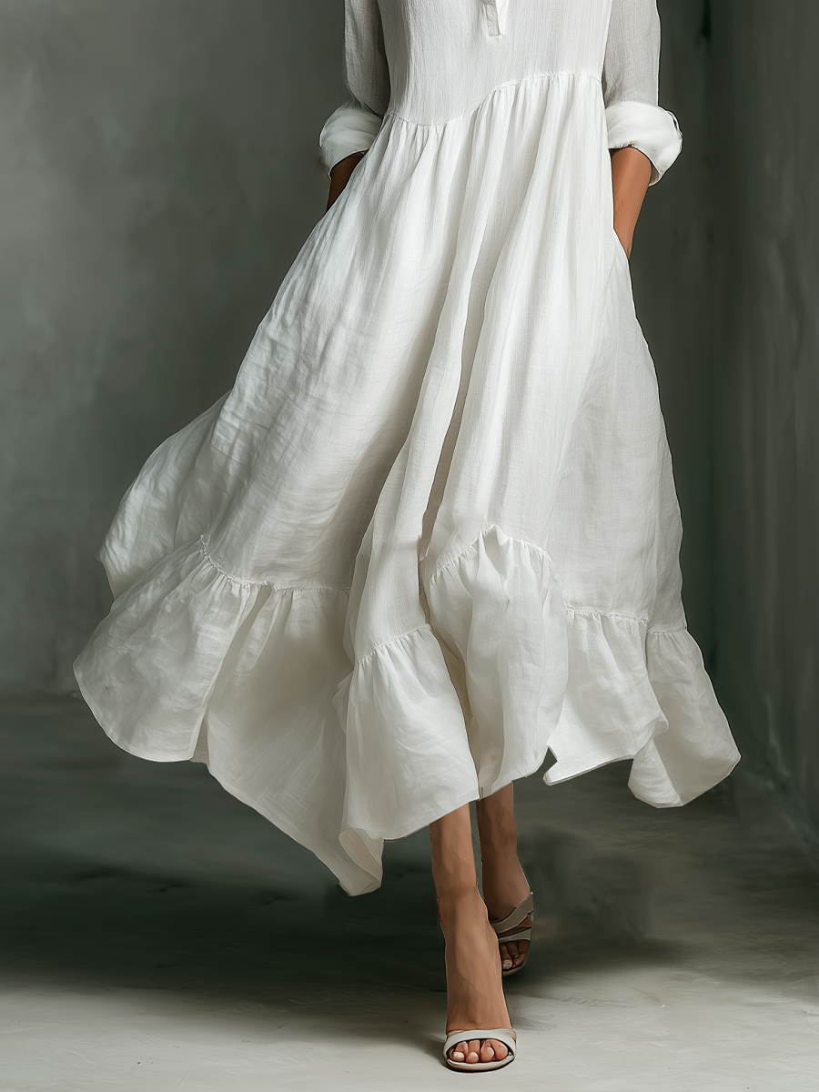 ABITO LUNGO DA DONNA BIANCO CON MANICHE LUNGHE E VOLANT