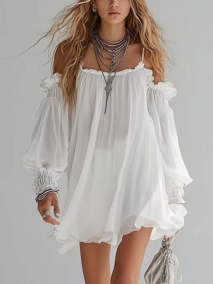 MÉLUSINE | ABITO MINI FLUIDO IN STILE BOHO A SPALLE SCOPERTE