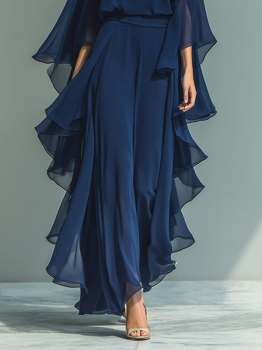 Set Top in Chiffon Blu Navy con Maniche Svasate e Pantaloni a Gamba Dritta con Dettagli Ruchés