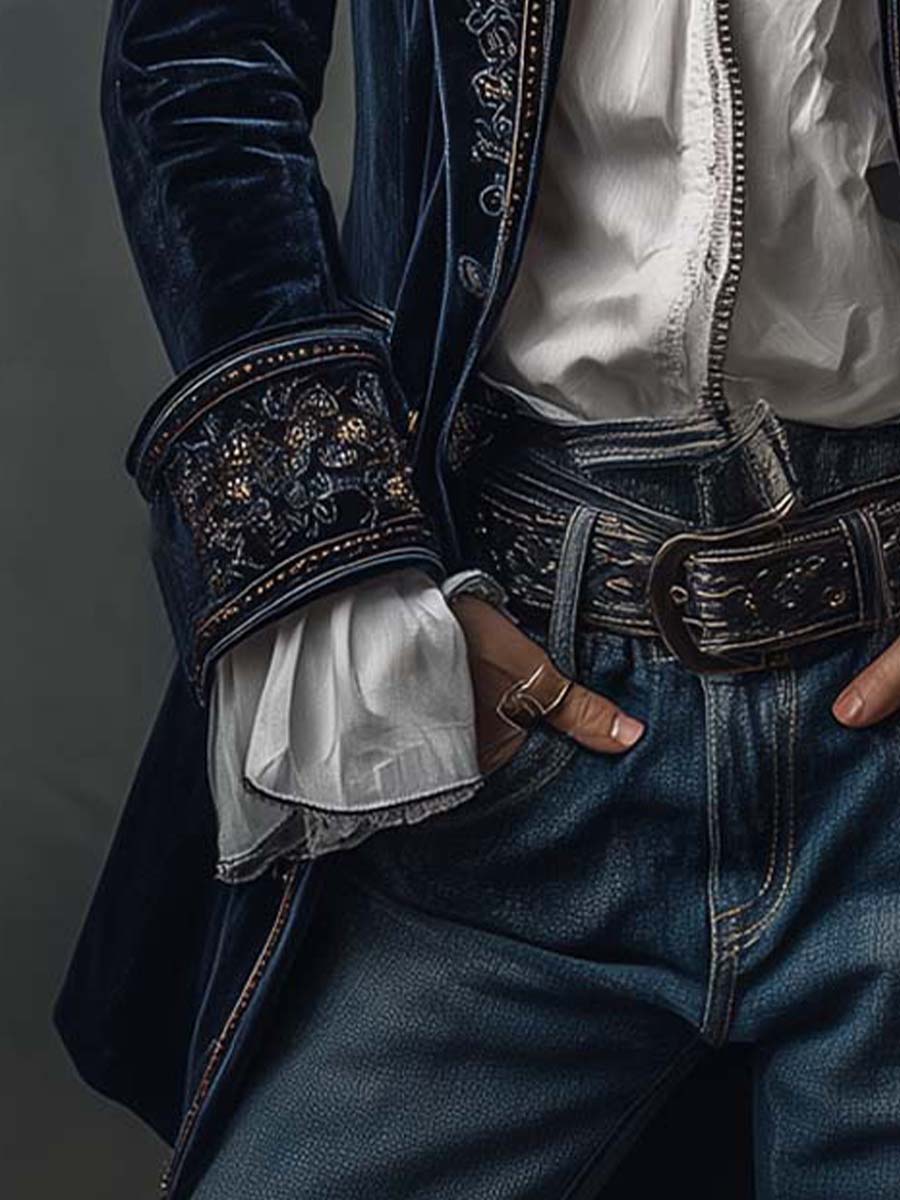 ATHÉNAÏS | GIACCA LUNGA RICAMATA VINTAGE BLU NAVY
