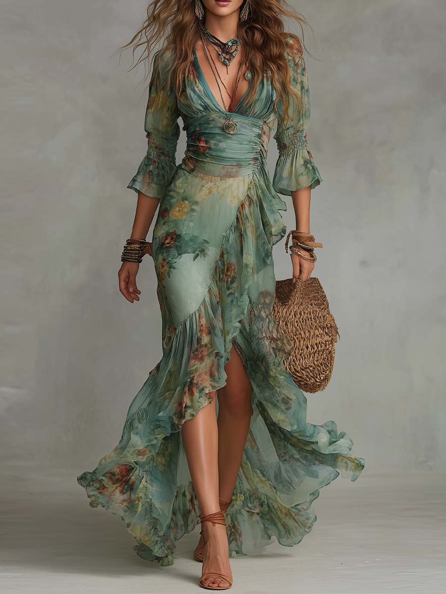 ALMA | VESTITO LUNGO CON STAMPA FLOREALE ROMANTICA