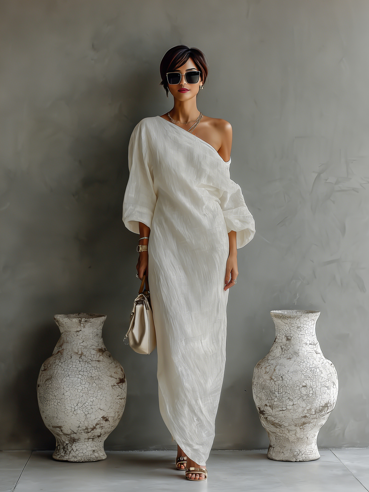 Abito elegante in cotone-lino bianco avorio con spalle scoperte e design fluttuante