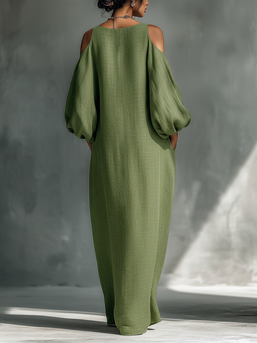 ABITO LUNGO DA DONNA VERDE CHIARO CON SPALLE SCOPERTE, MANICHE A SBUFFO OVERSIZE E TASCHE LATERALI