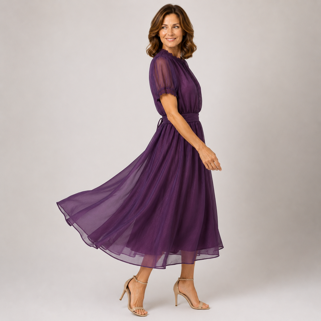 FLAVIA | MAXI ABITO CON SCOLLO A GOCCIA E BORDO IN PIZZO CHIFFON