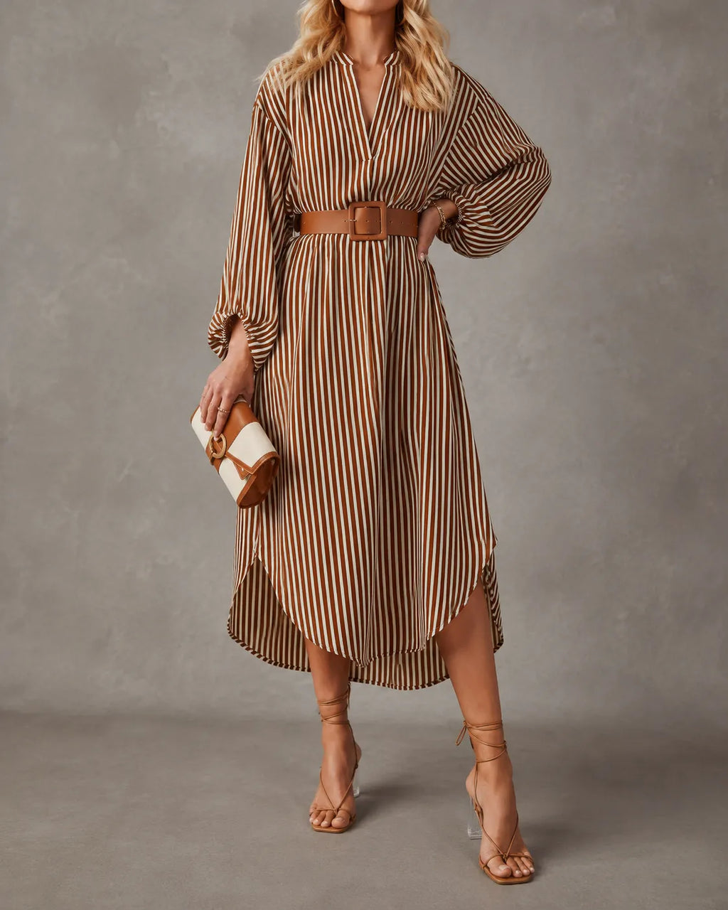 SIENNA | VESTITO CHEMISIER MIDI A RIGHE CON CINTURA