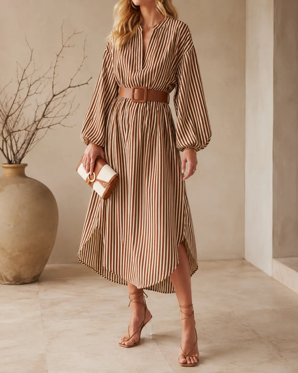 SIENNA | VESTITO CHEMISIER MIDI A RIGHE CON CINTURA