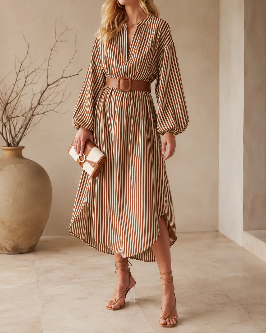 SIENNA | VESTITO CHEMISIER MIDI A RIGHE CON CINTURA