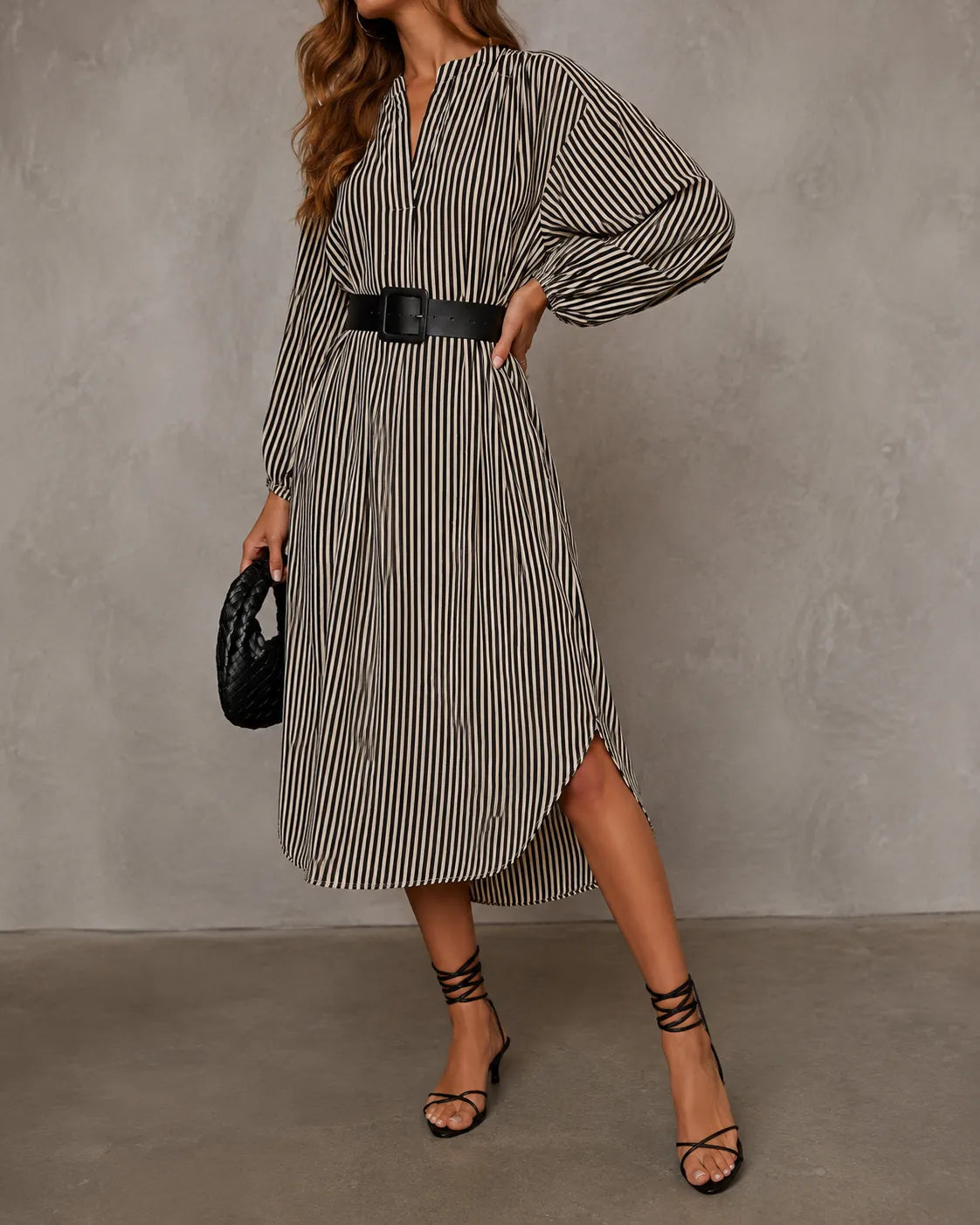 SIENNA | VESTITO CHEMISIER MIDI A RIGHE CON CINTURA