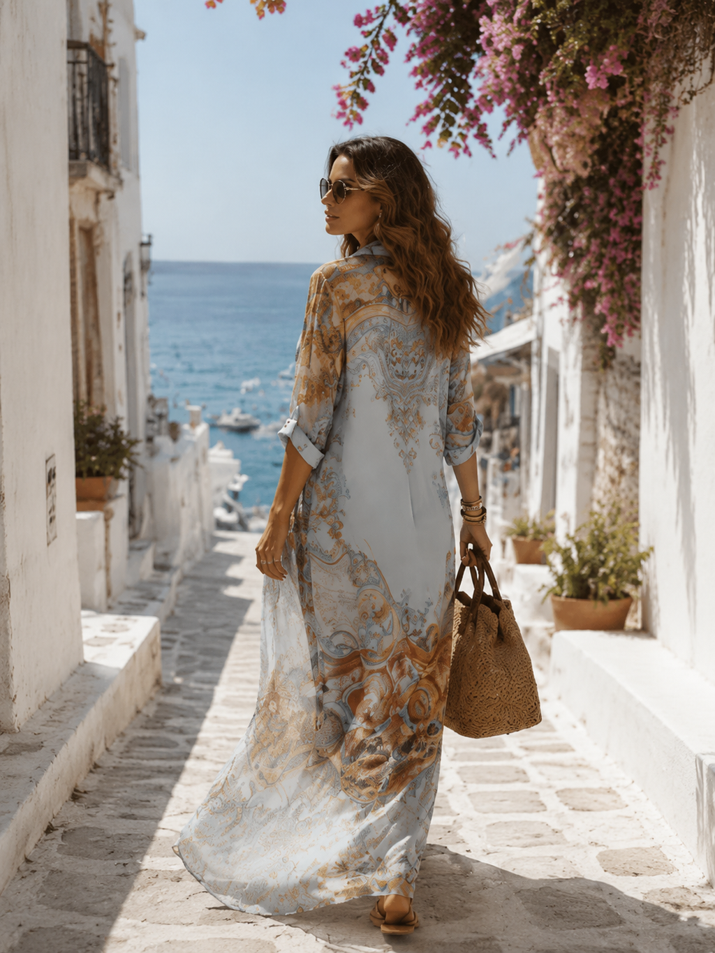 VESTITO LUNGO IN CHIFFON BLU CON MOTIVO FLOREALE IN STILE BAROCCO