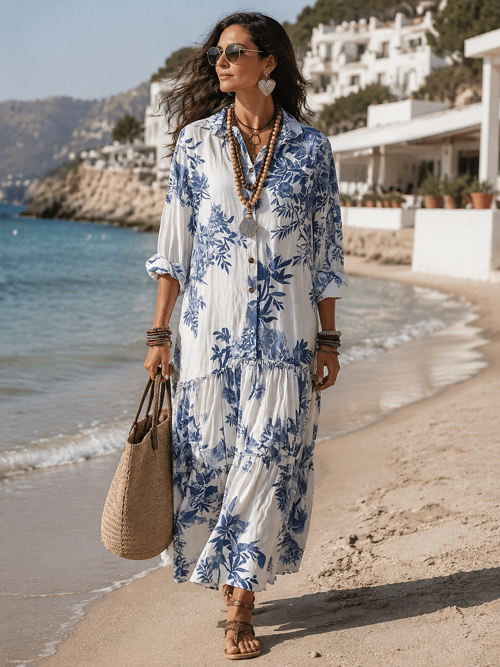 VESTITO LUNGO IN STILE BOHEMIEN A FIORI BLU CON BOTTONI FRONTALI