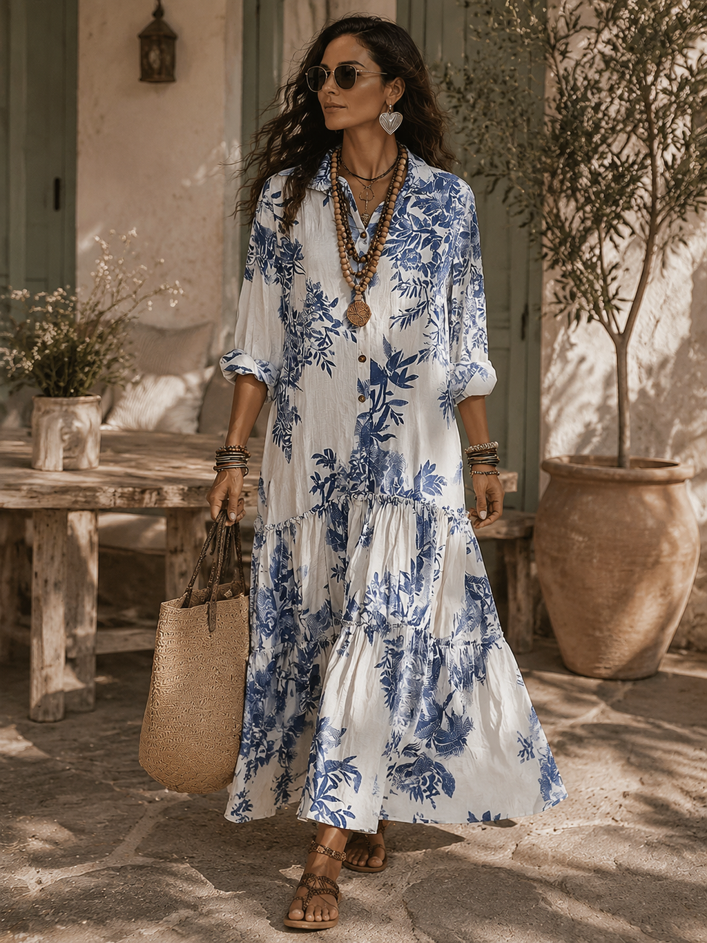 VESTITO LUNGO IN STILE BOHEMIEN A FIORI BLU CON BOTTONI FRONTALI