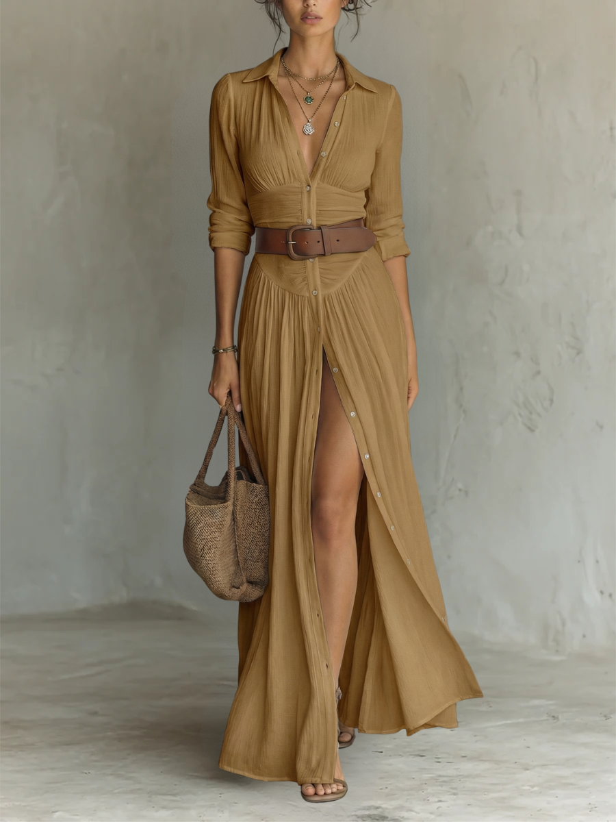 Abito lungo maxi in lino da donna con collo a revers e maniche lunghe