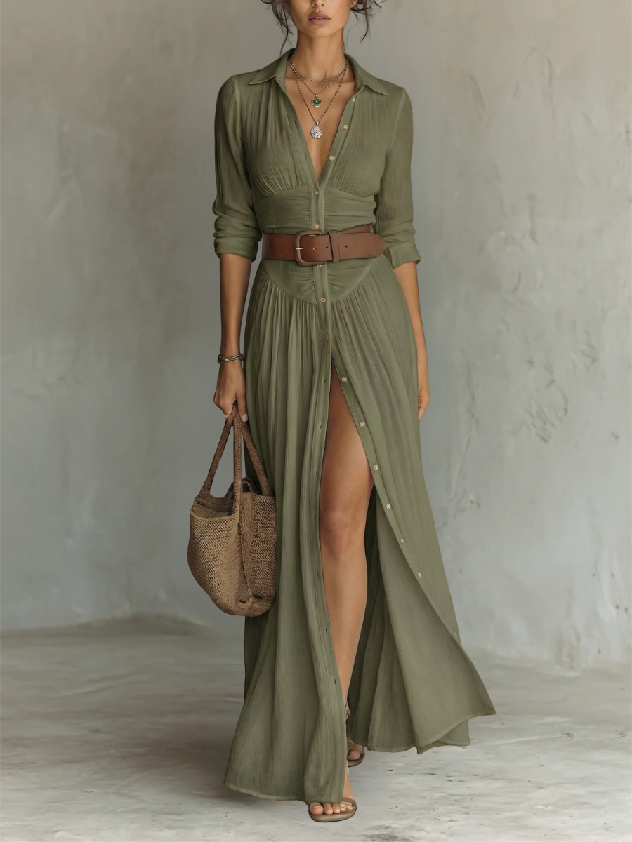 Abito lungo maxi in lino da donna con collo a revers e maniche lunghe