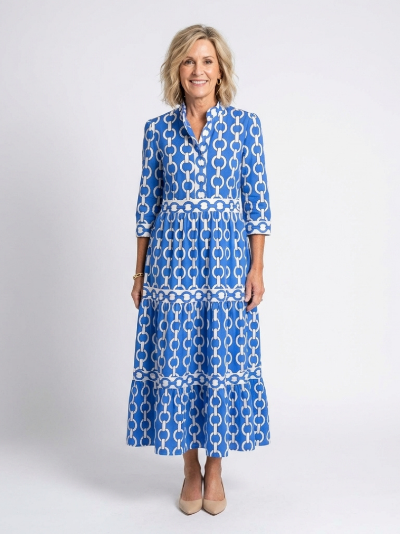YSOLDE | THREE QUARTER SLEEVE CHAIN PATTERN MIDI DRESS
