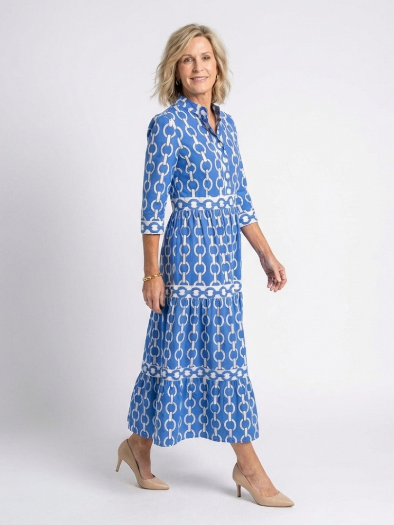 YSOLDE | THREE QUARTER SLEEVE CHAIN PATTERN MIDI DRESS
