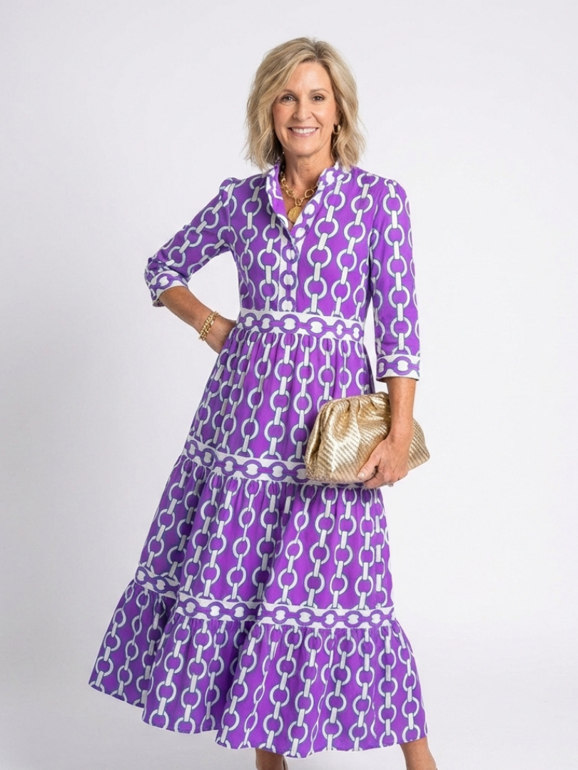 YSOLDE | THREE QUARTER SLEEVE CHAIN PATTERN MIDI DRESS