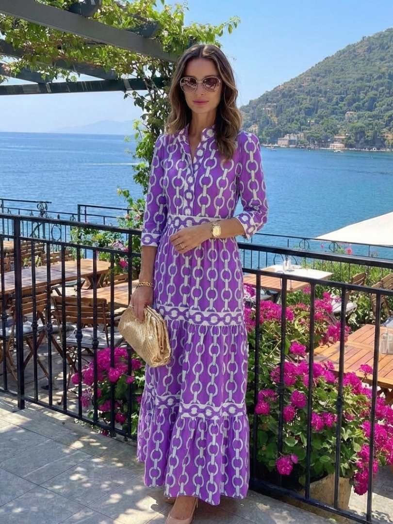 YSOLDE | THREE QUARTER SLEEVE CHAIN PATTERN MIDI DRESS