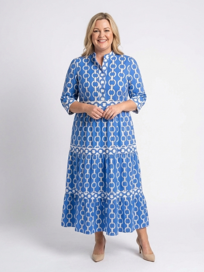 YSOLDE | THREE QUARTER SLEEVE CHAIN PATTERN MIDI DRESS