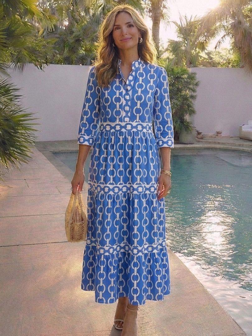 YSOLDE | THREE QUARTER SLEEVE CHAIN PATTERN MIDI DRESS