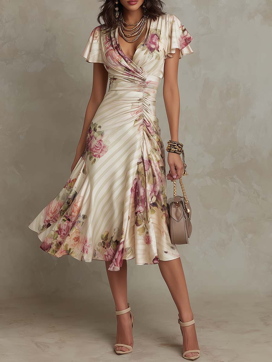 ALBA | ABITO MIDI IN RASO FLOREALE ELEGANTE RETRÒ