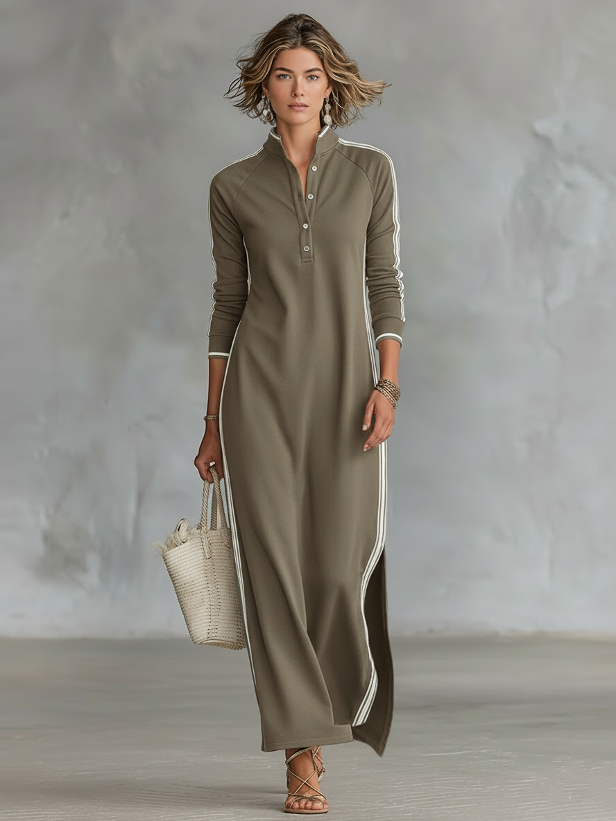 Abito lungo da donna in felpa con colletto button-down e dettagli bianchi