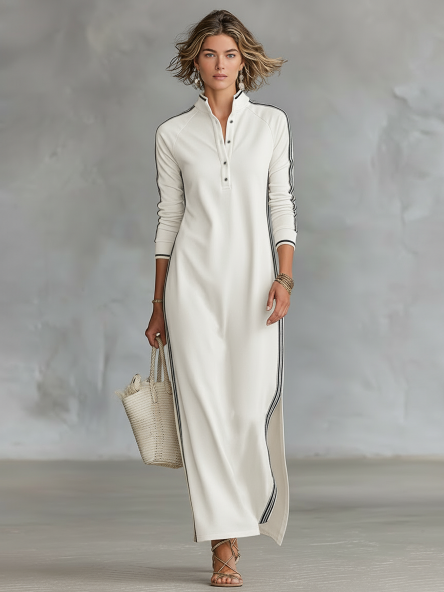 Abito Felpa Maxi da Donna con Colletto Button-down e Bordo Bianco