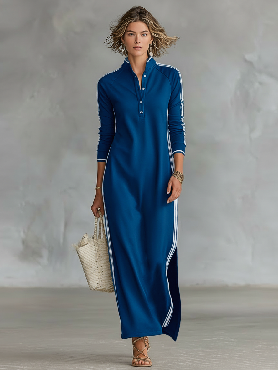 Abito lungo da donna in felpa con colletto button-down e dettagli bianchi