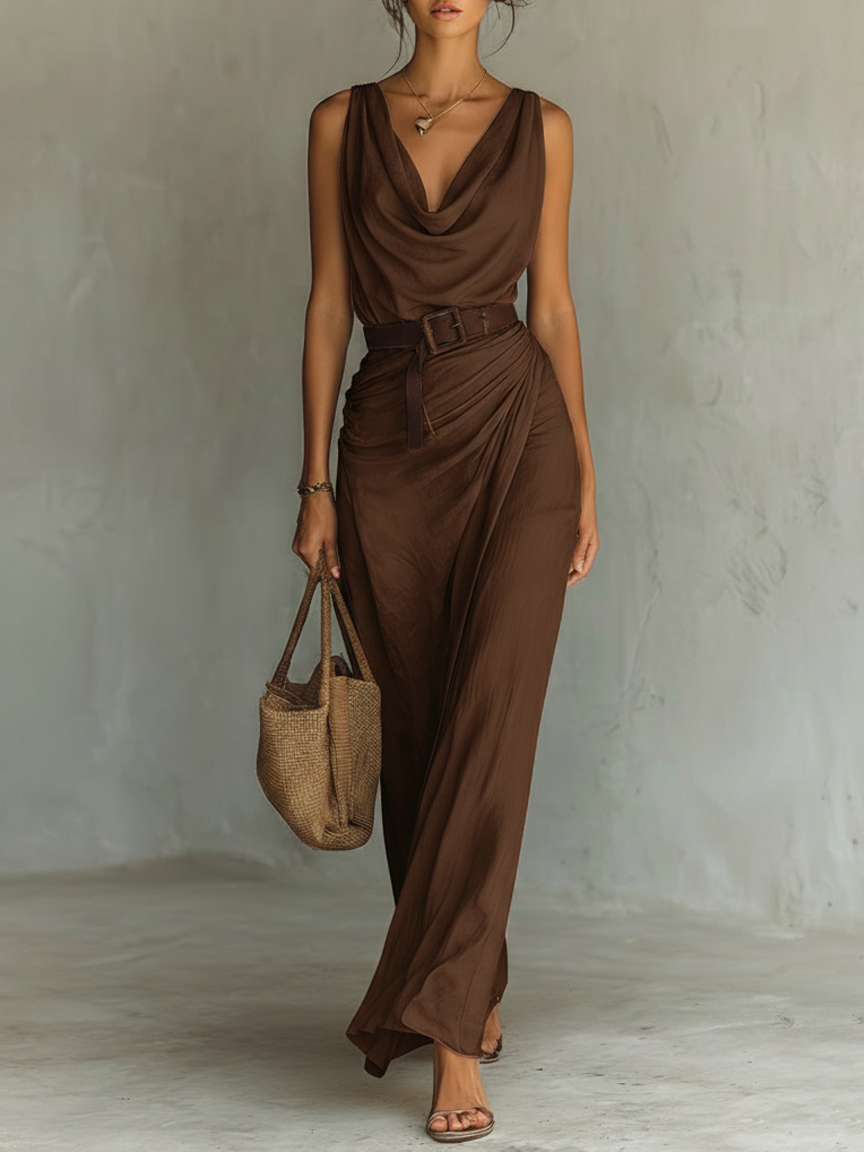 ABITO MAXI SENZA MANICHE CON COLLO DRAPPEGGIATO MINIMALISTA PER DONNA