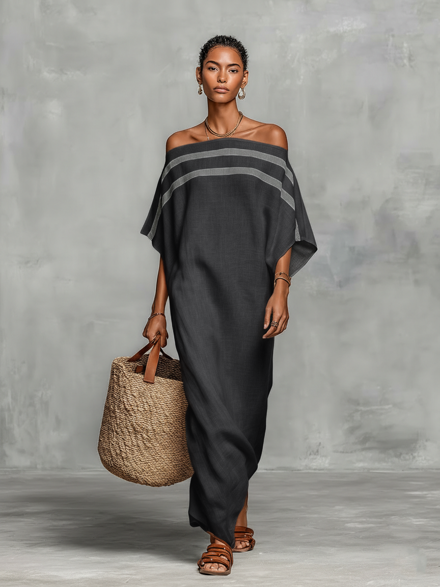 Maxi Abito Minimalista in Lino da Donna con Scollo Off-the-Shoulder e Maniche a Campana