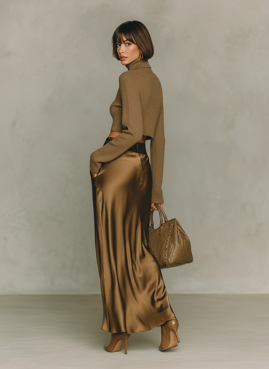 MAGLIONE DOLCEVITA DORATO-MARRONE DA DONNA, A MANICHE LUNGHE, ABBINATO A UNA GONNA MIDI IN RASO