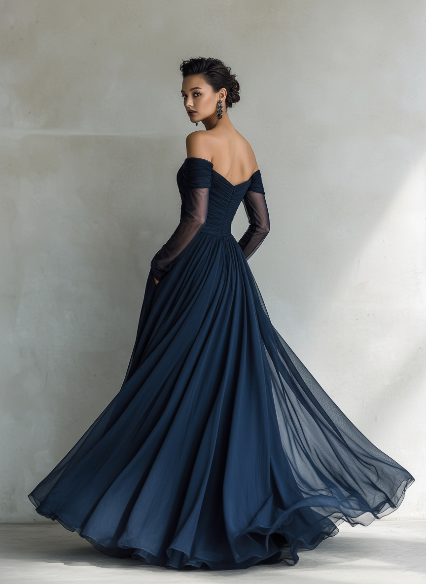 Abito lungo elegante in chiffon e organza blu scuro con maniche lunghe e spalle scoperte da donna