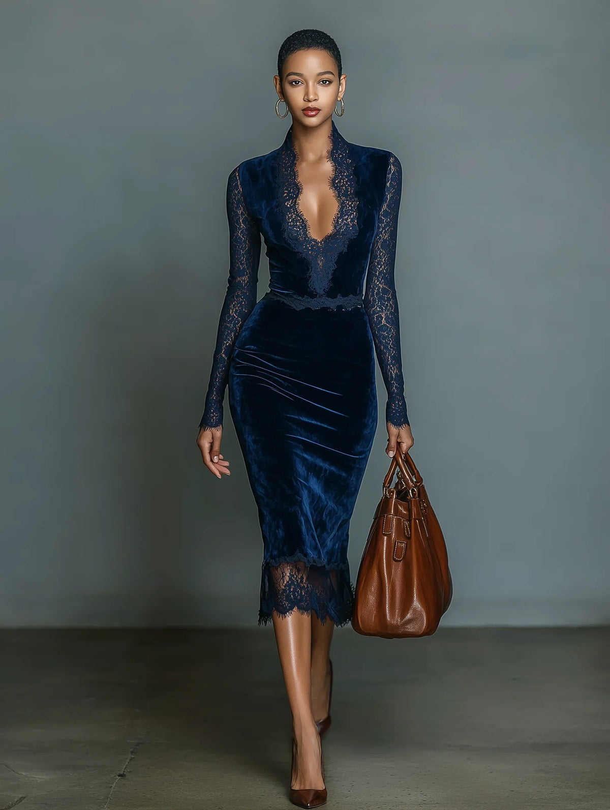 Elegante Abito Midi Slim-Fit con Scollo a V in Velluto Blu Scuro con Dettagli in Pizzo e Maniche per Donna