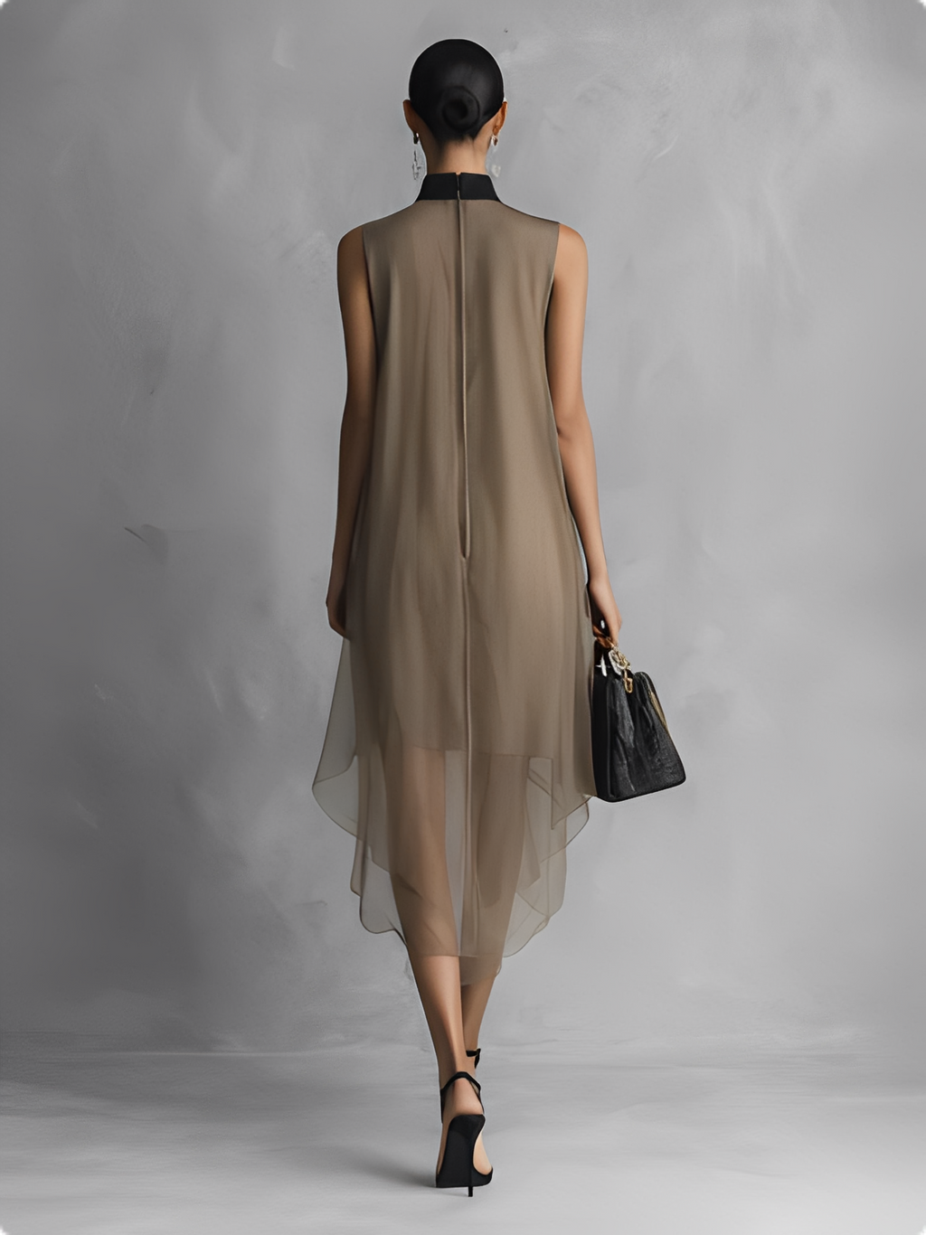 ROBE SENZA MANICHE IN CHIFFON BICOLORE KAKI E MARRONE DI LUSSO LEGGERO PER DONNE
