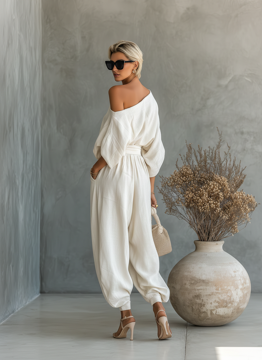 Set Donna in Lino Off-White con Top Scollo Off-Shoulder e Pantaloni Tapered