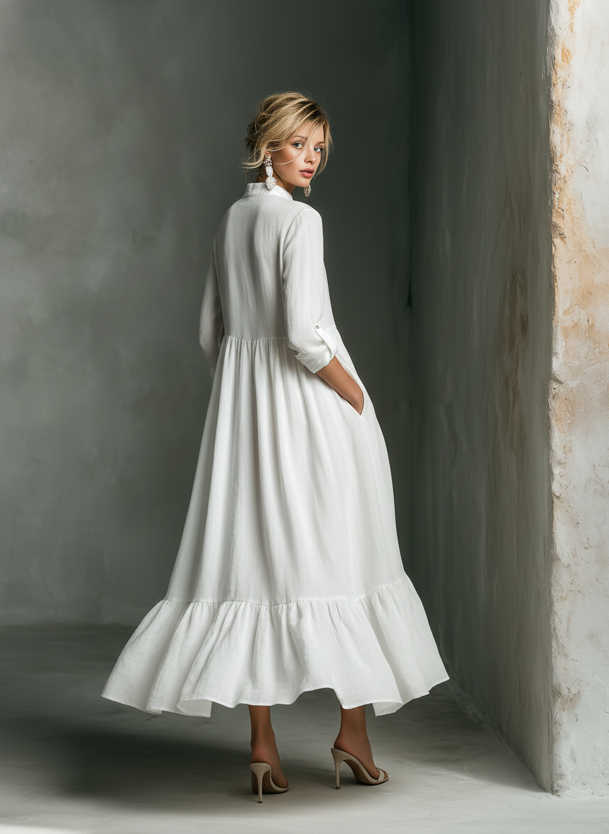 ABITO LUNGO DA DONNA BIANCO CON MANICHE LUNGHE E VOLANT