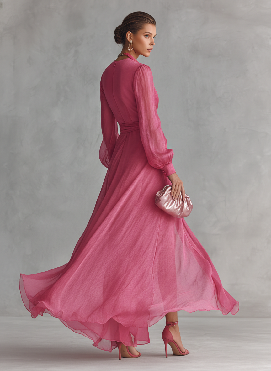 ELEGANTE ABITO LUNGO IN CHIFFON ROSA CON PERLE E SCOLLO A V DA DONNA