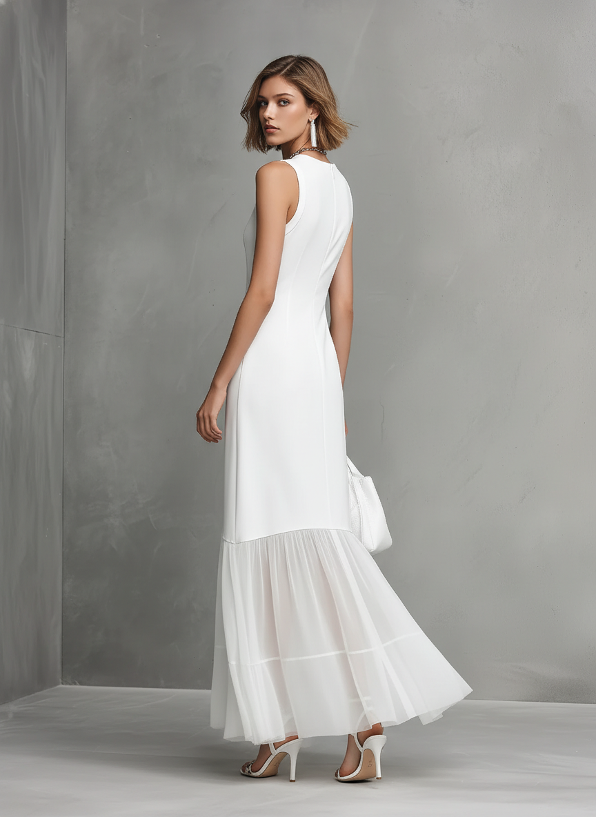 ABITO BIANCO SENZA MANICHE ELEGANTE DA DONNA IN SETA DI LATTE E PANNELLI IN CHIFFON