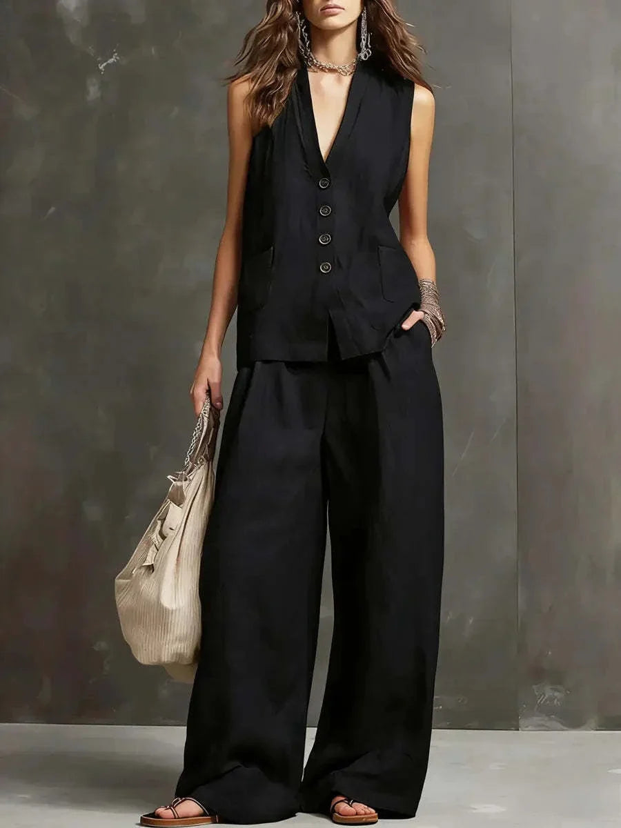 Irina | Completo a due pezzi in cotone e lino con gilet senza maniche e pantaloni a gamba larga