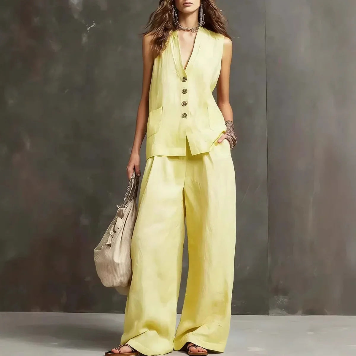 Irina | Completo a due pezzi in cotone e lino con gilet senza maniche e pantaloni a gamba larga