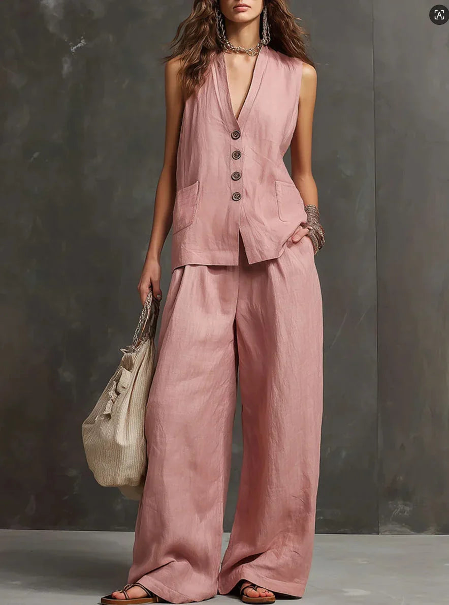 Irina | Completo a due pezzi in cotone e lino con gilet senza maniche e pantaloni a gamba larga