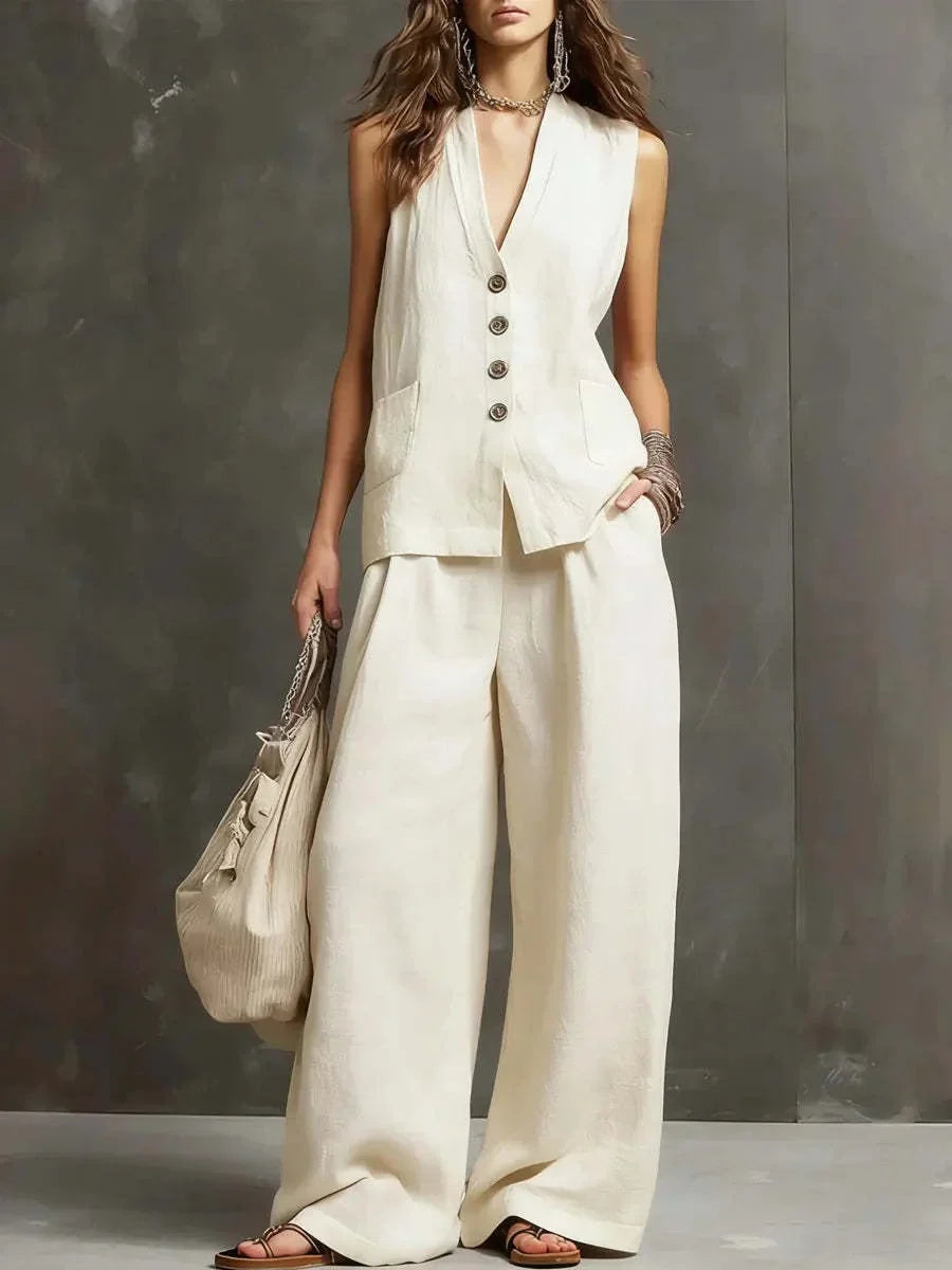 Irina | Completo a due pezzi in cotone e lino con gilet senza maniche e pantaloni a gamba larga