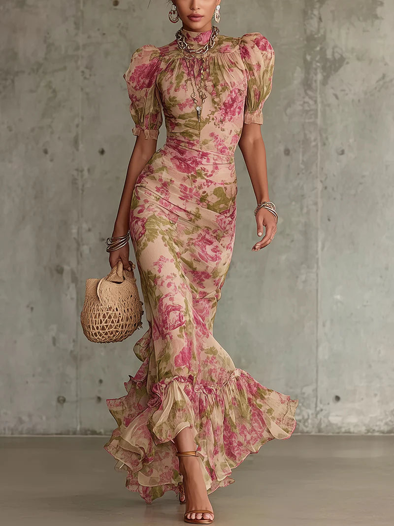 Abito lungo stampato rosa vintage da donna con maniche a sbuffo e gonna a sirena